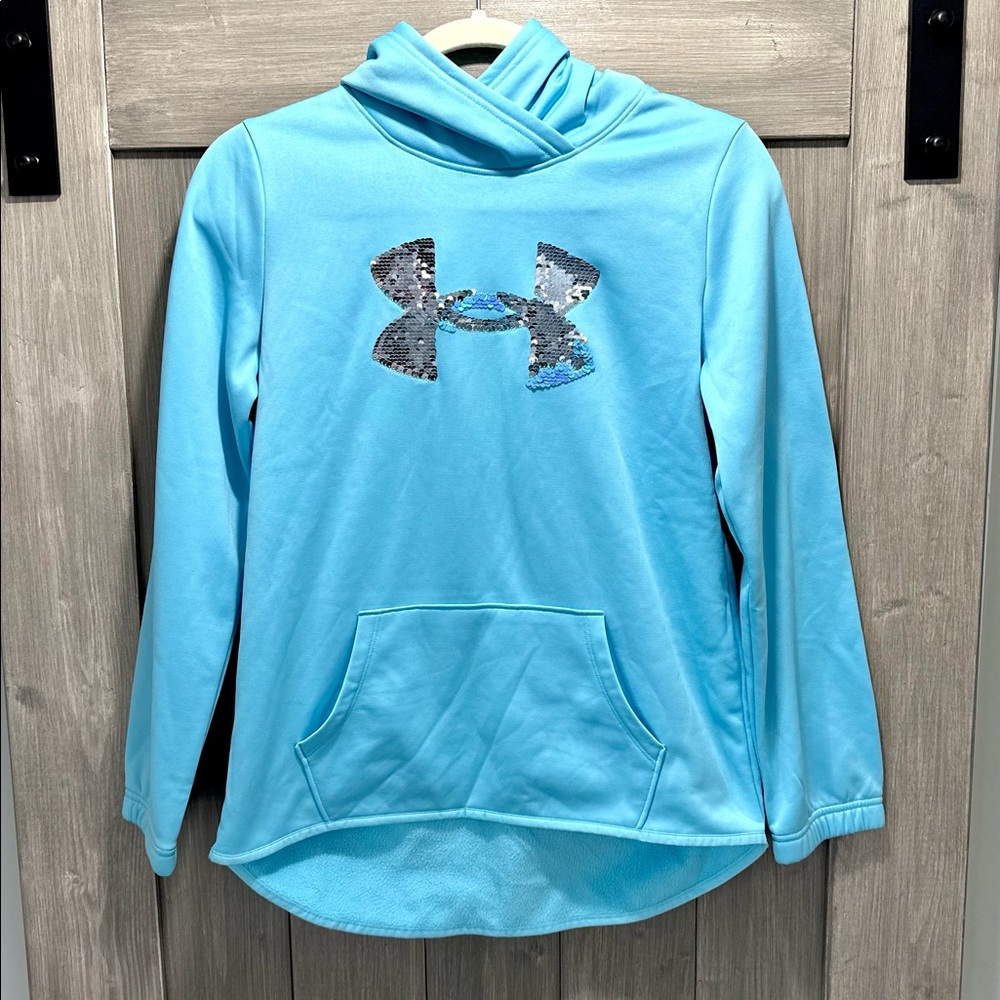 Under Armour Girls Fleece Sequin Logo Hoodie | Youth Large | Sky Blue
